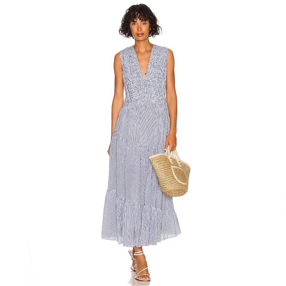 Free People Juno Maxi Dress in Ivory Blue Combo Stripe Size Large